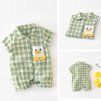  Пижама для новорожденных, детская повседневная цельнокроеная детская одежда в клетку, Детский летний комбинезон с пингвином, комбинезон с коротким рукавом, 3-24 месяца