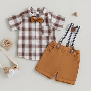  Летняя Одежда Для новорожденных, галстук-бабочка для мальчиков, клетчатая рубашка с коротким рукавом и шорты на бретелях, Комплект повседневной одежды