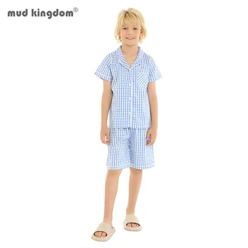  Mudkingdom/ Летний Пижамный комплект для мальчиков в клетку с воротником, короткими рукавами и Шортами, Пижамный Костюм для Больших девочек, Пижамы, Детская одежда