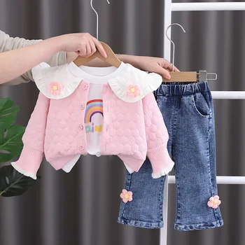  2023, Весенне-осенний комплект одежды для маленьких девочек, Однобортный кардиган в Корейском стиле, пальто + футболки + брюки, бутик одежды для девочек