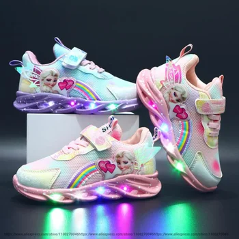  Повседневные кроссовки Disney со светодиодной подсветкой Розово-Фиолетового цвета Для Весенних девочек; Уличная обувь с Принтом Принцессы Эльзы; Детская Нескользящая Обувь С подсветкой
