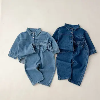  Осенняя новая детская джинсовая куртка + брюки, костюм из 2 предметов, Винтажный комплект одежды с длинными рукавами для малышей, мягкое джинсовое пальто для девочек, Джинсовые наряды
