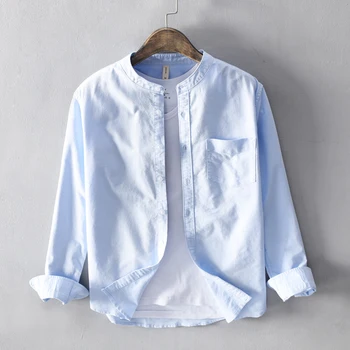  100% Хлопок, небесно-голубые брендовые рубашки с воротником-стойкой, мужская модная однотонная рубашка для мужчин, удобная рубашка с длинными рукавами, мужская верхняя одежда