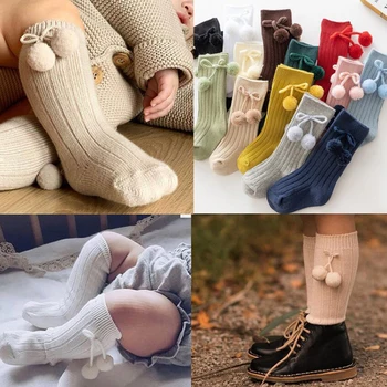  Носки для новорожденных, шарики для волос, Носки до колена для маленьких девочек, Мягкие хлопковые носки в полоску для маленьких девочек, детские чулки