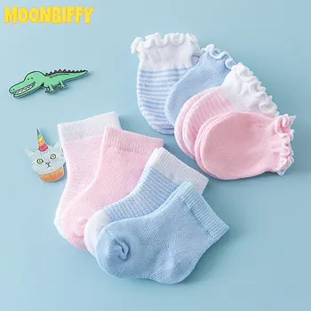  4 Пары/комплект Детских Носков для новорожденных + перчатки С защитой от царапин, Дышащая эластичность, защитные варежки для лица, подарок на Новый год