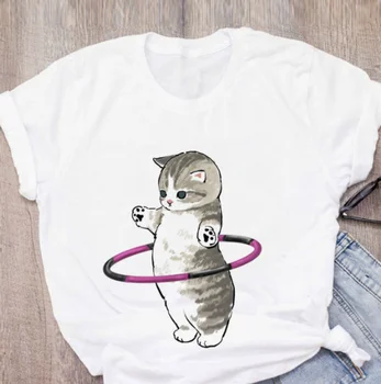  Женская футболка WT48 с милым котом, забавная футболка с героями мультфильмов, футболка с принтом, модная эстетичная футболка, женская