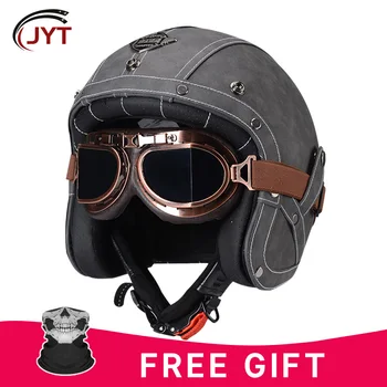  Кожаный шлем с открытым лицом для мужчин, мотоциклетные шлемы в стиле ретро 3/4, защитные очки, немецкий реактивный шлем, защитный колпачок, одобренный DOT