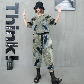  Комплект одежды в стиле хип-хоп, 2 шт., Летний джинсовый длинный костюм для женщин, комплект одежды в стиле пэчворк с принтом