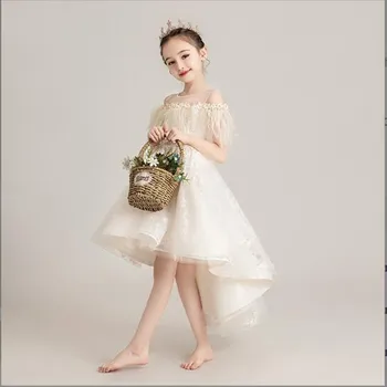  Роскошные платья с перьями и цветочным узором для девочек, детское платье с 3D цветочной аппликацией, вечернее детское платье