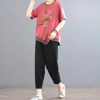  Комплект Литературных брюк, негабаритные комплекты из двух предметов, Повседневный Свободный женский костюм в корейском стиле, рубашки большого размера с коротким рукавом и шаровары
