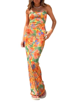 2023, Женское макси-платье-бюстье в стиле бохо с цветочным принтом, повседневное летнее модное длинное платье без рукавов с V-образным вырезом для пляжной вечеринки
