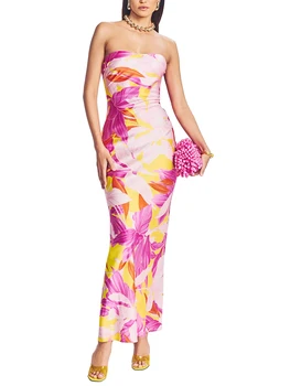  Женское Длинное платье-труба без бретелек с цветочным принтом, Сексуальное облегающее платье Макси-бандо с открытой спиной, клубная одежда Y2K