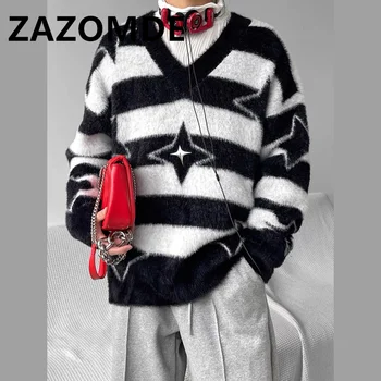  ZAZOMDE Уличная Одежда, Мужской Свитер в полоску цвета Зебры, Пушистый Трикотаж, свитер в стиле хип-хоп, Черный свитер в стиле Харадзюку, Мягкий Пуловер на каждый день