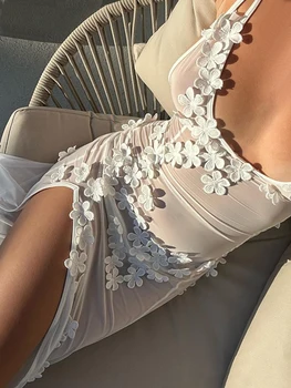  Прозрачное Макси-платье Tossy с цветочной сеткой, Женское Тонкое летнее платье с высоким разрезом, платье с открытой спиной и V-образным вырезом, Сексуальное женское платье на бретельках