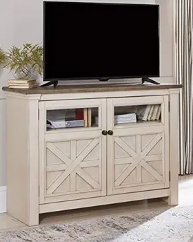  Подставка для телевизора в фермерском доме Подходит для телевизоров с диагональю до 48 дюймов, 2 дверцы шкафа и регулируемые полки для хранения, Побеленная и светло-коричневая ванная комната для хранения