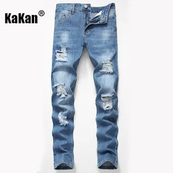  Kakan - Новые Рваные мужские джинсы с прямыми штанинами в Европейском и американском стиле, Синие Потертые Застиранные Повседневные джинсы K36-339