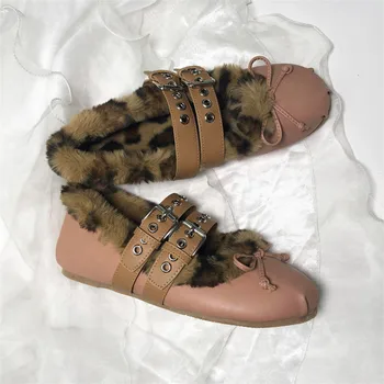  Обувь Mary Jane с Леопардовым Принтом и круглым носком; Балетки на толстом кроличьем меху; Лоферы со шнуровкой и пряжкой; Zapatos Mujer; Женская обувь