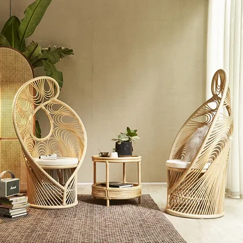  Современный простой ротанговый стул креативный настоящий ротанговый павлин, стул для проживания в семье, модельная комната, ротанговый стул из трех частей, художественный тканый стул