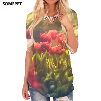 SOMEPET Футболка с цветами, женская футболка с растениями и V-образным вырезом, Футболки с листьями, 3D Солнечные Забавные футболки, Женская одежда в стиле Хип-хоп, Свободная Новинка