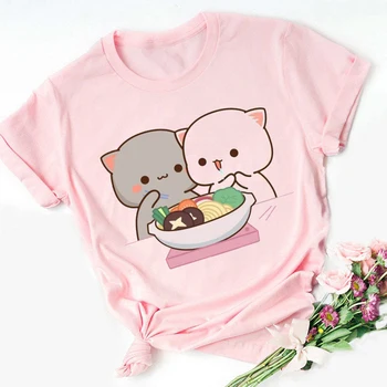 Новая женская футболка, милая персиковая футболка с рисунком кота и медведя, женская мода в стиле харадзюку 90-х, повседневная футболка для девочек, розовые топы
