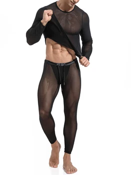  Мужская спортивная одежда, прозрачные топы базового слоя с длинным рукавом и эластичным поясом, леггинсы на шнурке, костюм для занятий фитнесом