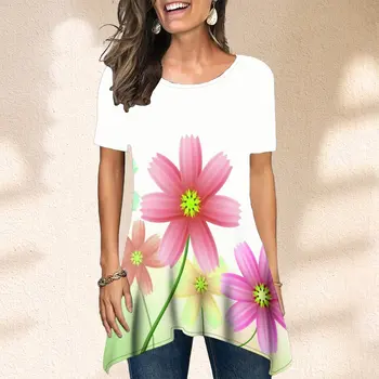 Летняя Женская футболка с коротким рукавом, блузка, модная женская футболка с цветочным принтом, футболка
