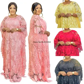  Африканские платья для женщин, Весна-Лето, Африканские женские Кружевные платья с коротким рукавом, Большие размеры, Длинное платье, Мусульманская Абайя, Африканские халаты