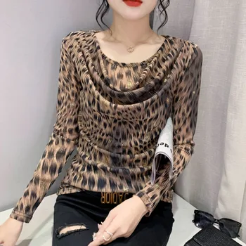  Новая леопардовая футболка, женская сексуальная облегающая футболка с длинным рукавом, Женская винтажная нерегулярная короткая футболка, базовая футболка из двух предметов