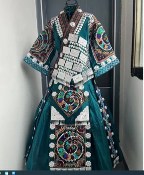  Китайское этническое платье для выступлений на сцене Miao, женский танцевальный зеленый длинный костюм Hmongb