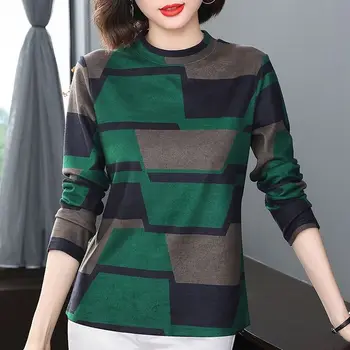  Стильная повседневная футболка с геометрическим принтом, весна-осень, контрастные цвета, Элегантные женские пуловеры с высоким воротником