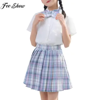  Школьная форма для девочек от 2 до 14 лет, комплект одежды JK, рубашка с коротким рукавом, галстук-бабочка, клетчатая плиссированная юбка для выступления на сцене хорового танца