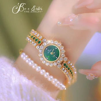  Женские часы Небольшого размера, Наручные часы с золотым браслетом, зеленые Ретро Роскошные женские часы с кристаллами и бриллиантами, маленькие наручные женские часы