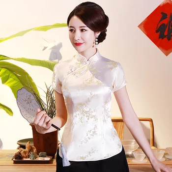 Китайский Традиционный Женский Топ Размера Плюс 3xl 4xl, Блузка, Атласная рубашка в цветочек, Винтажные Рубашки ручной работы на пуговицах, Костюм с коротким рукавом