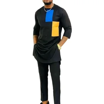  Черные мужские топы с брюками, Нигерийский мужской костюм жениха, лоскутная рубашка с брюками, африканская одежда для вечеринок