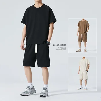  Модная футболка с короткими рукавами, мужской костюм, летняя корейская повседневная трикотажная спортивная одежда, мужские шорты, комплект из двух предметов