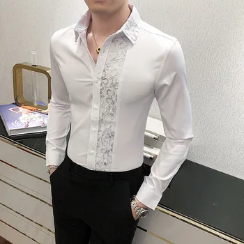  Мужская весенне-осенняя свадебная рубашка с кружевами в британском стиле с длинным рукавом, облегающая однотонная рубашка Four Seasons