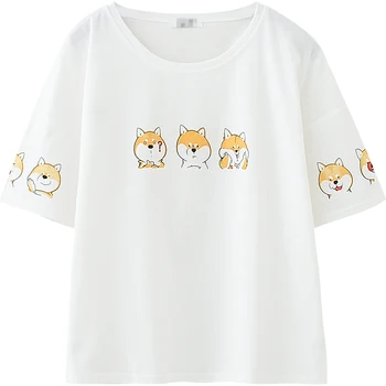  Японские футболки с забавным рисунком, женские летние топы, Футболка с короткими рукавами Kawaii Dog Animal для девочек-подростков, милая повседневная хлопковая белая футболка