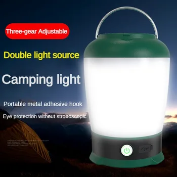  Портативный фонарь для кемпинга с двойным источником света, перезаряжаемый через USB, светильник для палатки, трехскоростная затемняемая наружная водонепроницаемая аварийная лампа