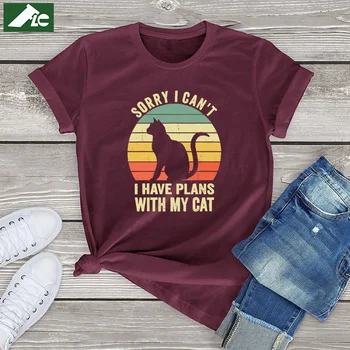  Извините, я не могу, у меня планы с моим котом, футболки с рисунком кота из 100% хлопка, Забавная футболка, негабаритная женская футболка, уличная одежда унисекс