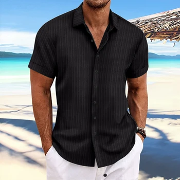  Мужские повседневные рубашки на пуговицах, пляжная летняя рубашка в полоску с коротким рукавом