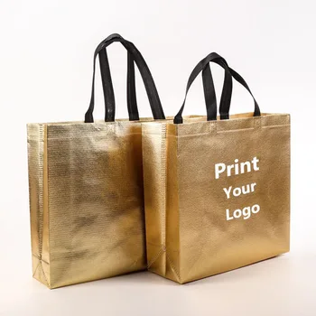  100 шт. золотых нетканых сумок, высококлассная хозяйственная сумка, рекламная сумка с логотипом на заказ