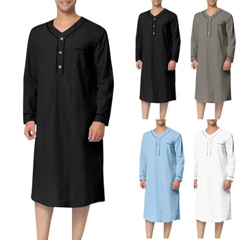  Мужская Однотонная Пижама Jubba Thobe, Модный Однотонный Свободный Мусульманский Халат, Ночная рубашка с длинными рукавами, Халаты, Мужской Мусульманский Кафтан