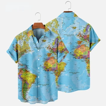  Гавайские Рубашки, Рубашка с 3D Принтом на карте, Мужские И Женские Рубашки, Мужская Повседневная Рубашка с отворотом 