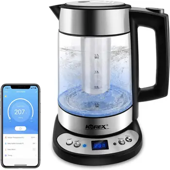  Управление чайником через приложение, Стеклянный бойлер для воды В комплекте, фильтр Подходит для Alexa Google Home Assistant, 1,7 л Без бисфенола Отлично подходит для кофе