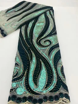  Новая бархатная кружевная ткань Sequence с блестками и камнями 2022, зеленая бархатная французская сетчатая кружевная ткань для вечернего платья в нигерийском стиле