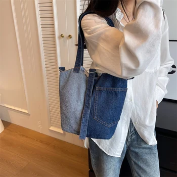  Женская сумка из Сплайсированного Денима, Модная Сумка через плечо, Новая Джинсовая сумка-Мессенджер Y2K, Эко-сумка, Корейская сумка-Ведро, Дизайнерские Сумки