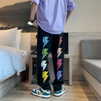  Джинсы с принтом молнии Мужские хип-хоп черные Модные брендовые прямые Свободные Корейские персонализированные широкие брюки