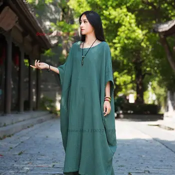  2023 китайское традиционное платье, женское винтажное платье для медитации дзен, ретро свободное платье трапециевидной формы в восточном народном стиле, длинное платье, уличная одежда