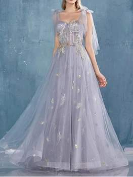  Фиолетовый платья из тюля, вечернее платье бант ремень платье милая аппликация с блестками тюль Пром платья Vestidos де Noche