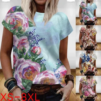  2023 Летняя Модная Женская Свободная футболка с круглым вырезом и коротким рукавом, Топы больших размеров